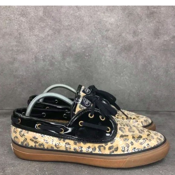 Sperry Top Sider Lined Cheetah Print Sequin Boat Shoe, Women's 9 - Picture 1 of 10